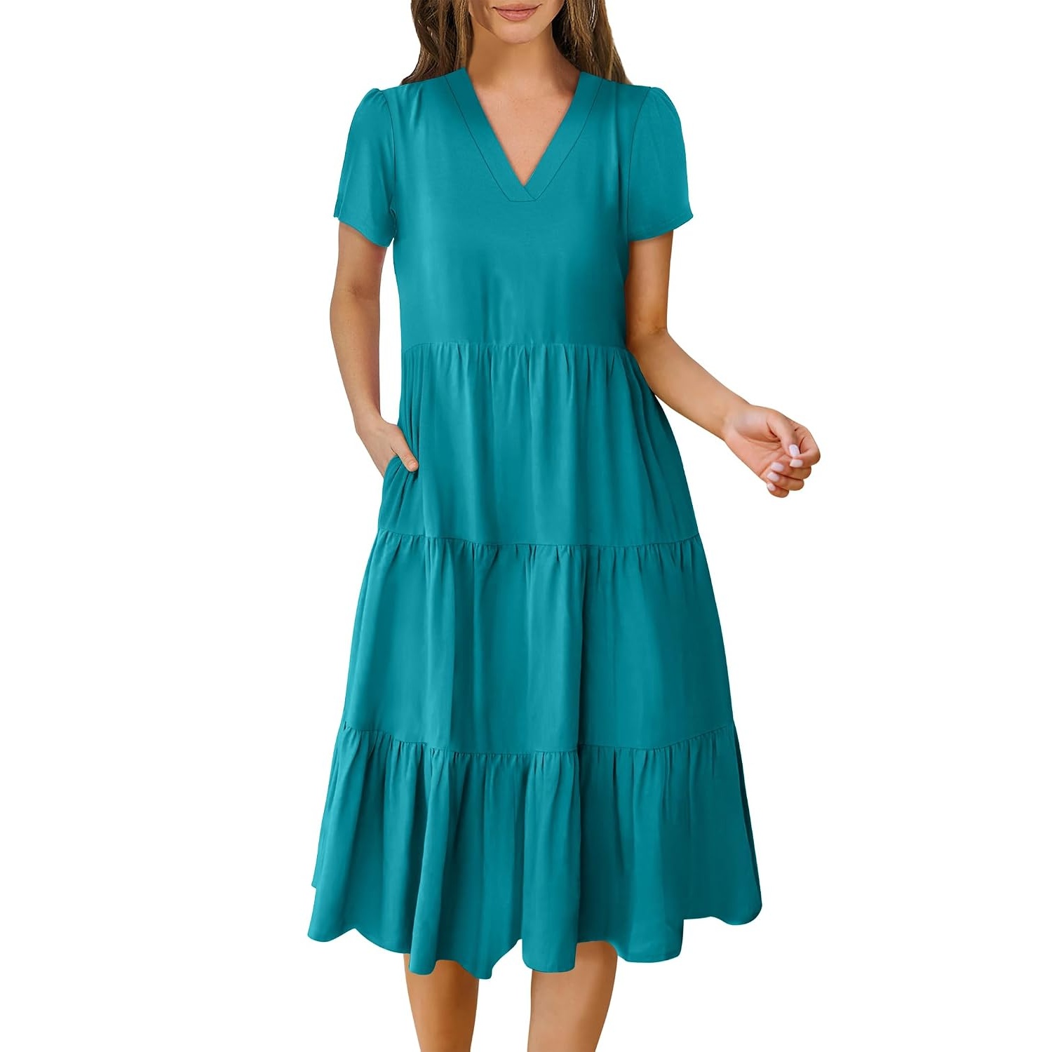 Casual Short Sleeve Tiered Boho Beach Midi Dress For Women