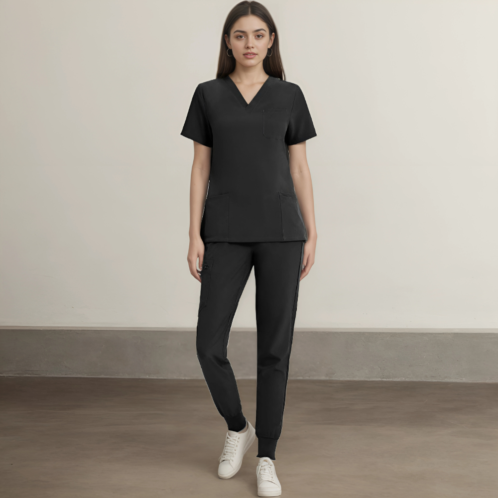 Stretchy V Designed Scrubs Top And Yoga Jogger Pants For Women