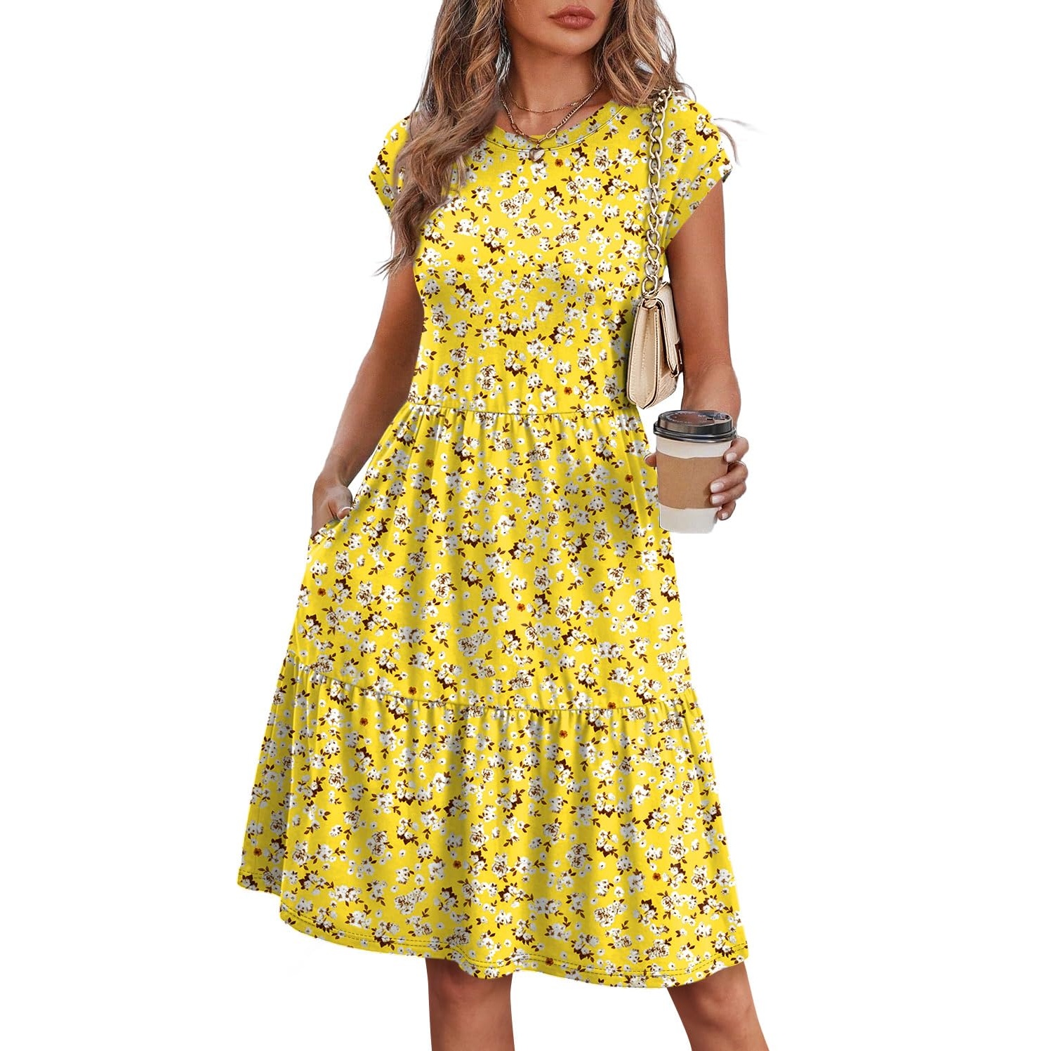 Casual Floral Printed Cap Sleeve Dress For Women