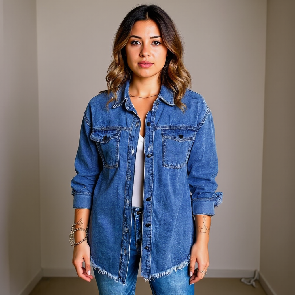 Oversized Denim Shacket With Frayed Hem And Pockets