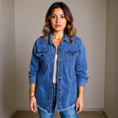 Oversized Denim Shacket With Frayed Hem And Pockets