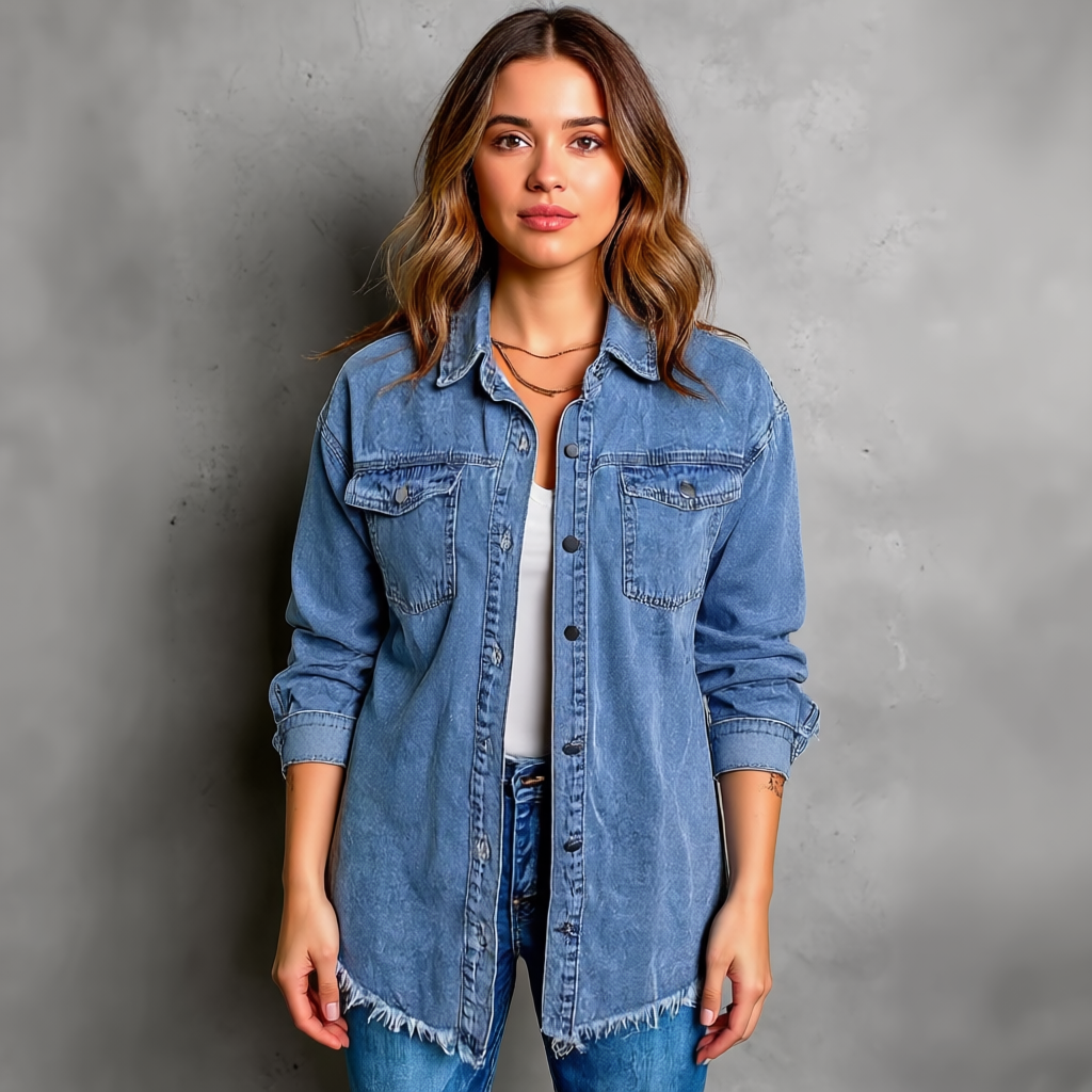 Oversized Denim Shacket With Frayed Hem And Pockets