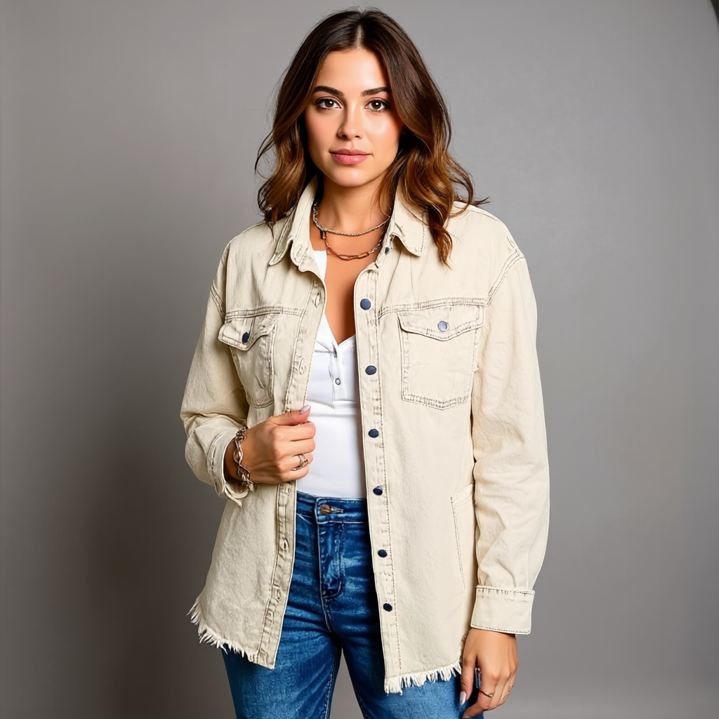Oversized Denim Shacket With Frayed Hem And Pockets