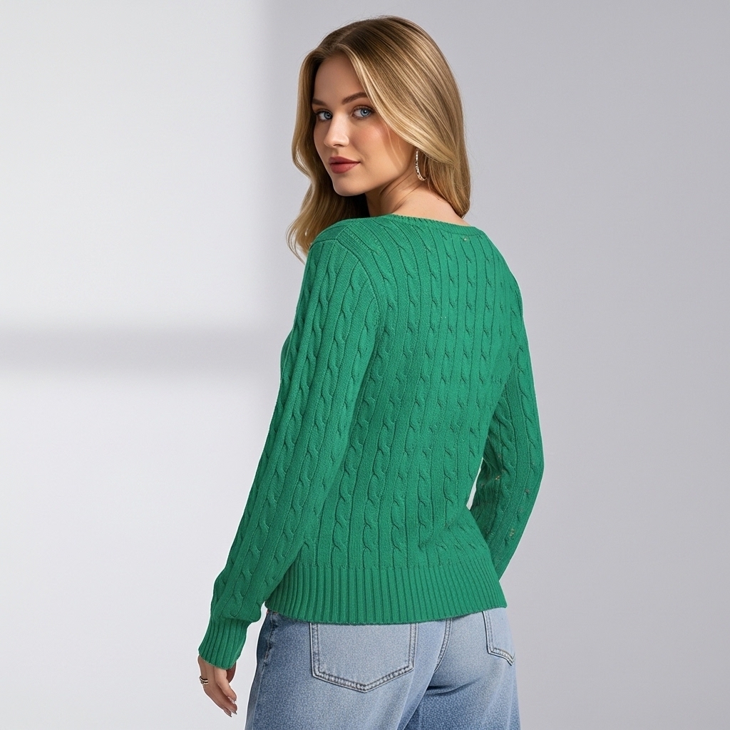 Long Sleeve Cable Knitted Design Sweater For Women