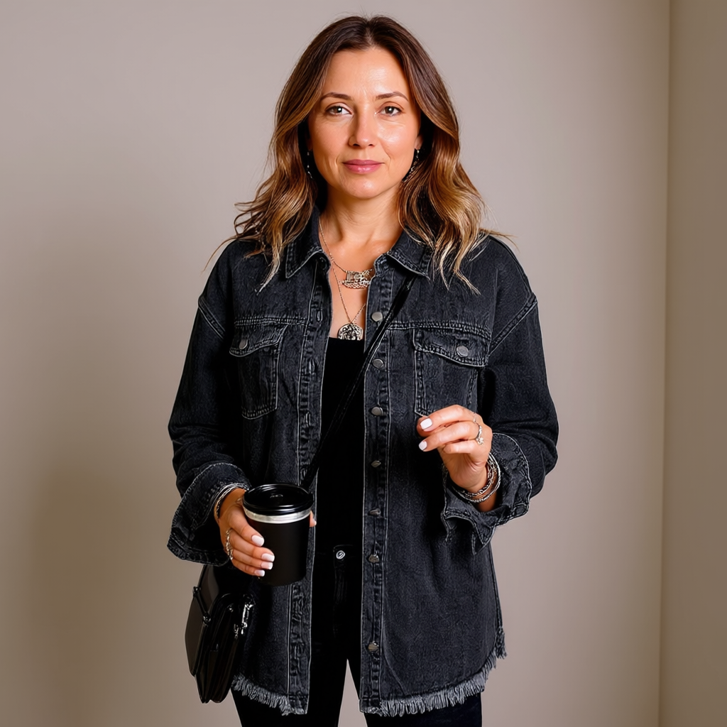 Oversized Denim Shacket With Frayed Hem And Pockets