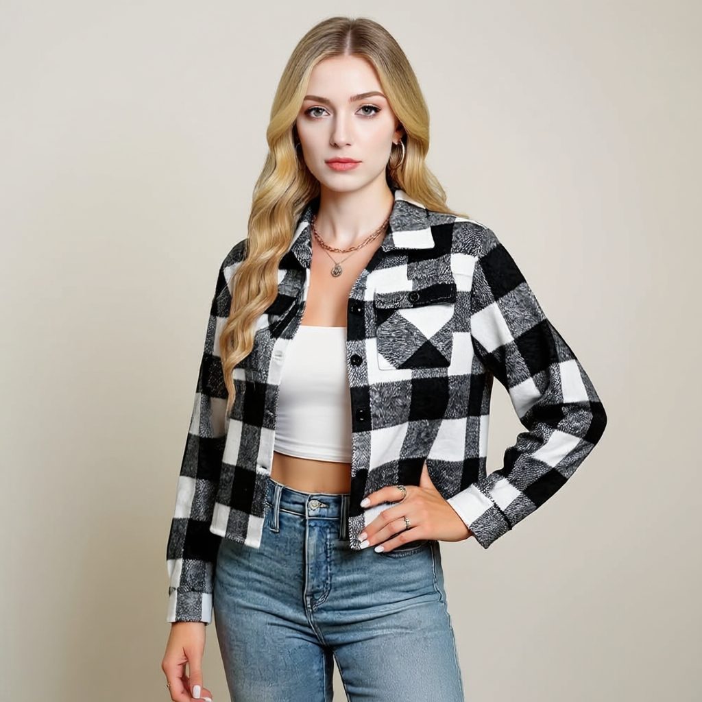 Plaid Button Down Cropped Jacket