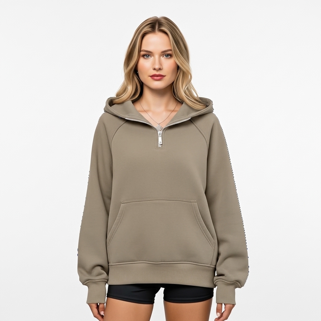 Half Zip Fleece Hoodie Sweatshirt With Oversized Fit Style For Women