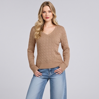 Long Sleeve Cable Knitted Design Sweater For Women