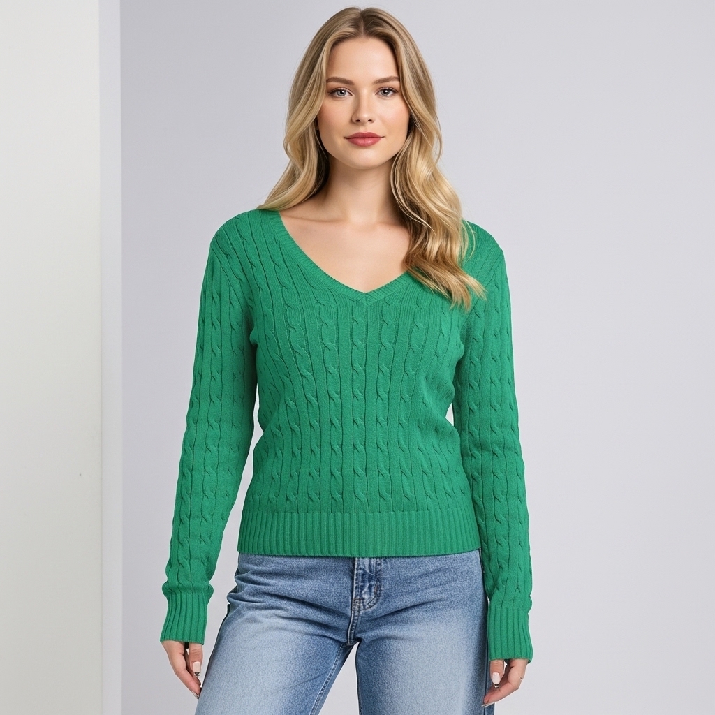 Long Sleeve Cable Knitted Design Sweater For Women