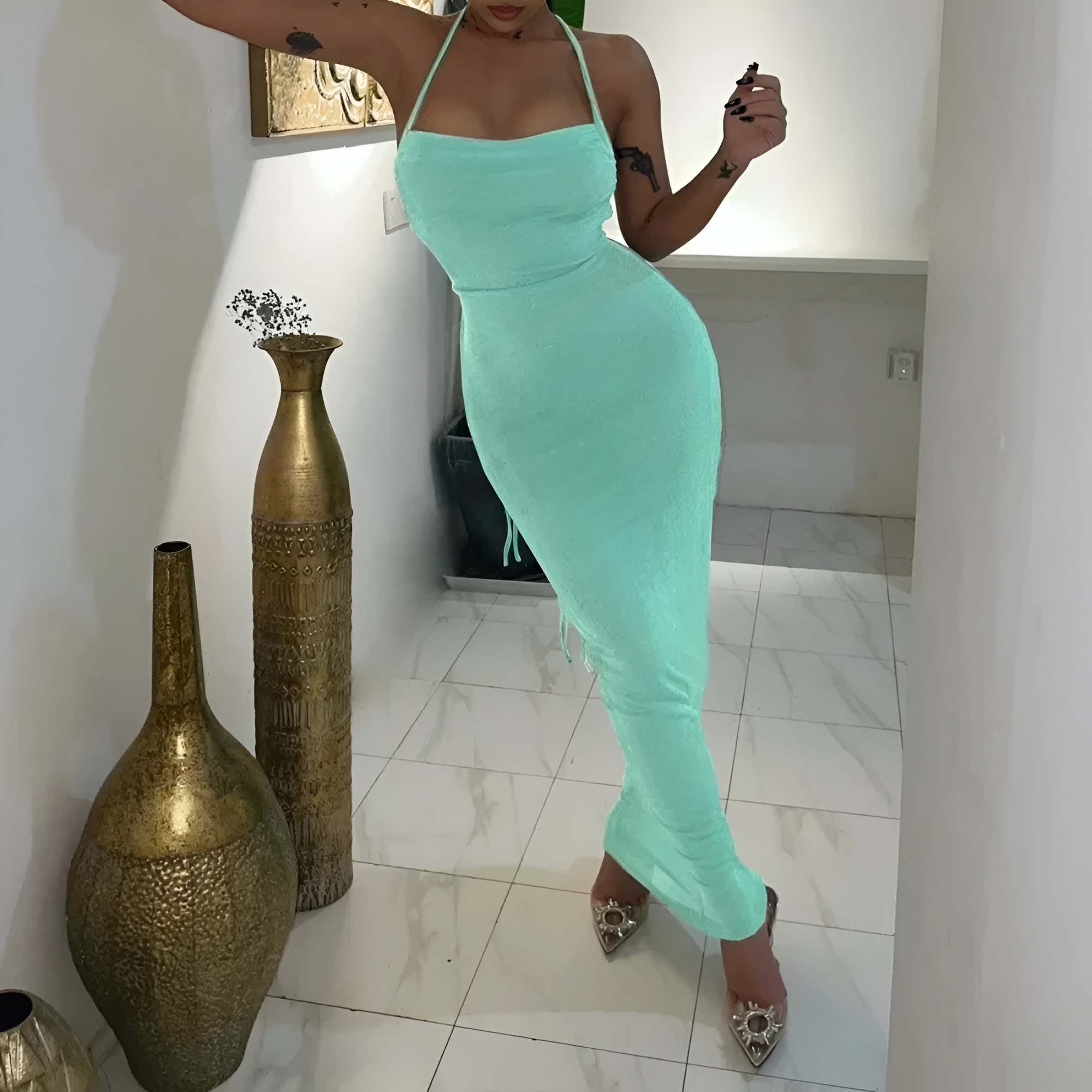 Backless Drape Maxi Dress With Adjustable Straps
