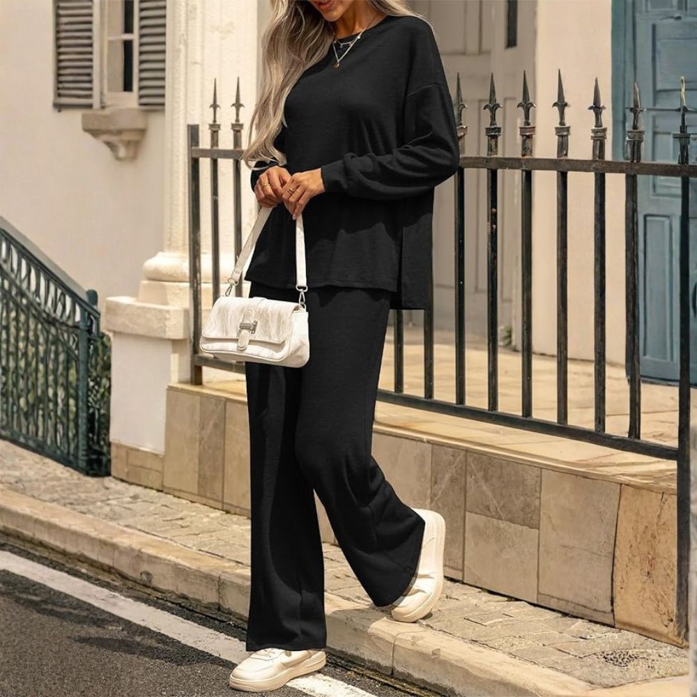 Womens Lounge Set 2025 Fall 2 Piece Outfits Long Sleeve Tops Wide Leg Long Pants