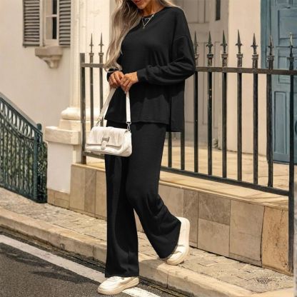 Womens Lounge Set 2025 Fall 2 Piece Outfits Long Sleeve Tops Wide Leg Long Pants