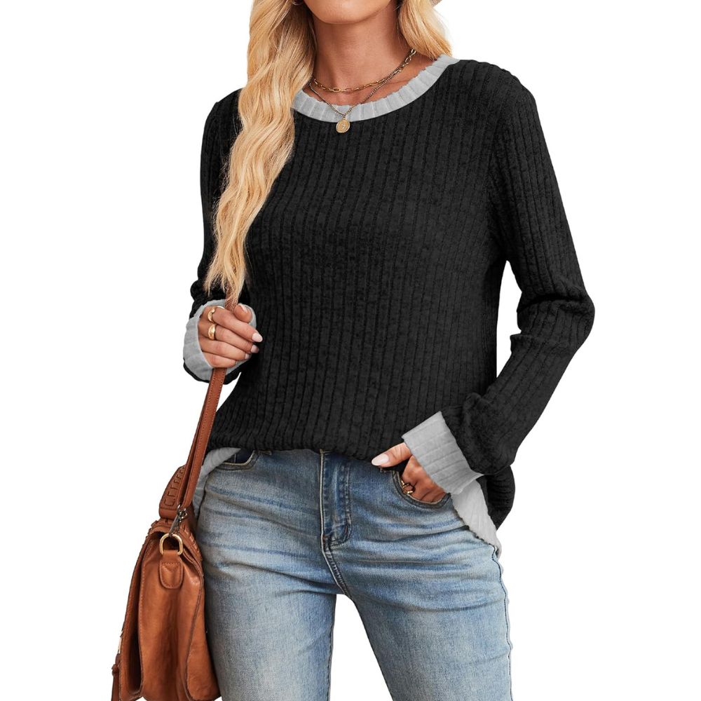 Tops Long Sleeve Shirts Lightweight Sweaters Loose Fit Crewneck Color Block