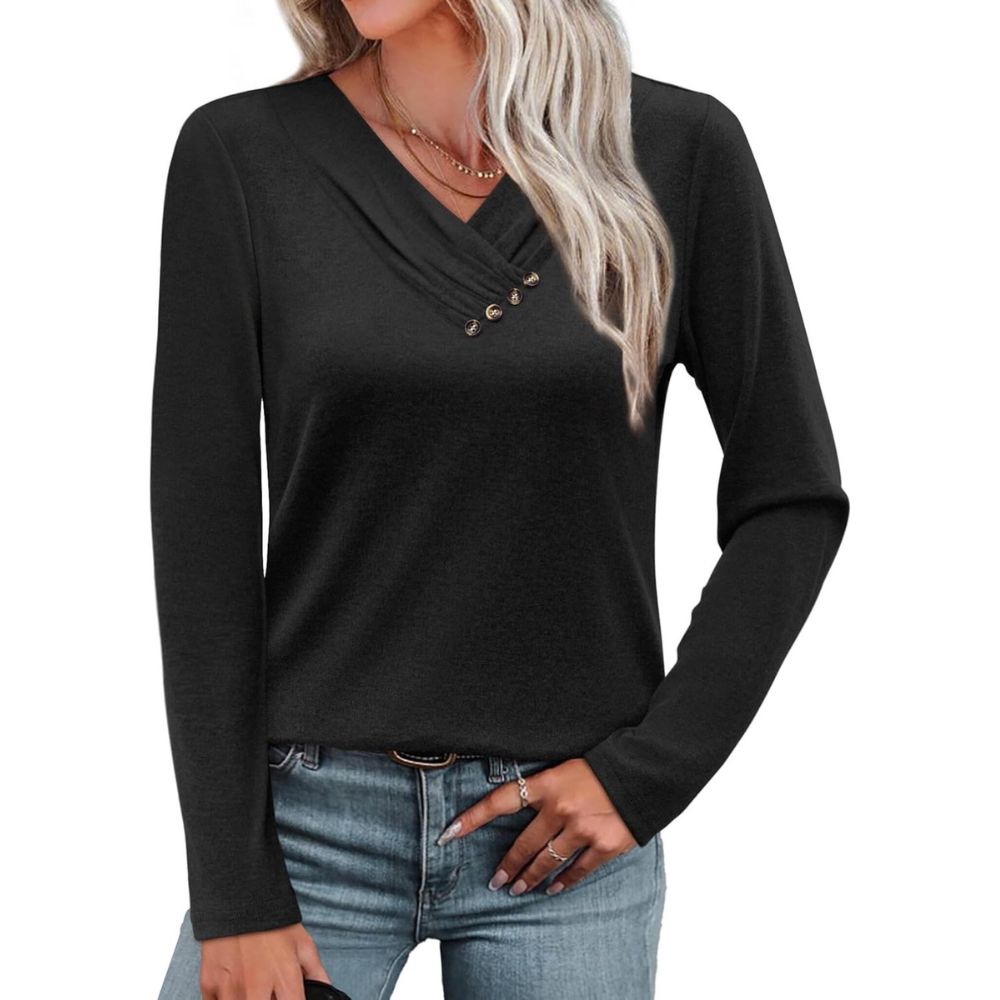 Long Sleeve Shirts for Women Fall Outfits V Neck T Shirts Button Down Tunic Tops
