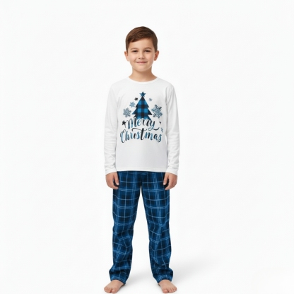 Blue Plaid Merry Christmas Family Matching Pajama Set