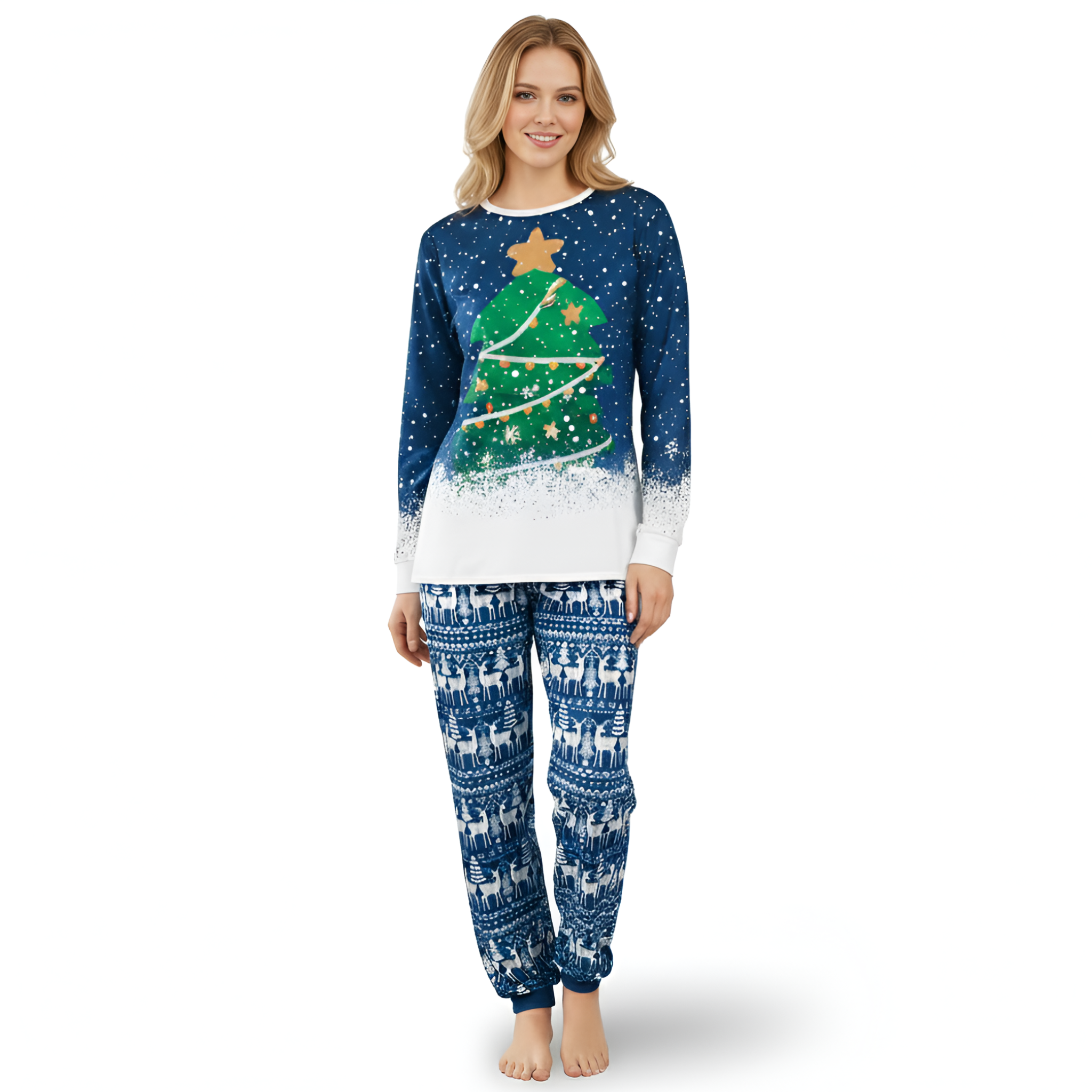 Blue Snow Print and Green Christmas Tree Design Family Matching Pajama Sets