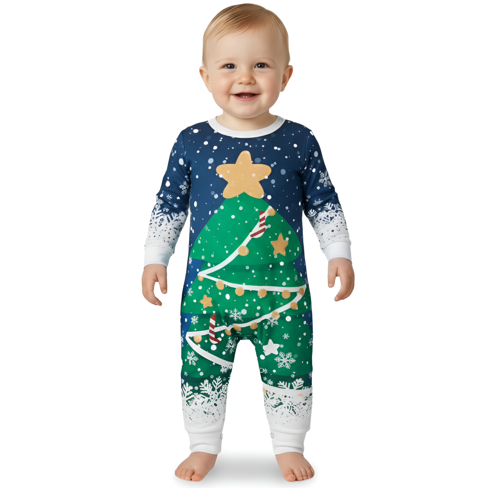 Blue Snow Print and Green Christmas Tree Design Family Matching Pajama Sets