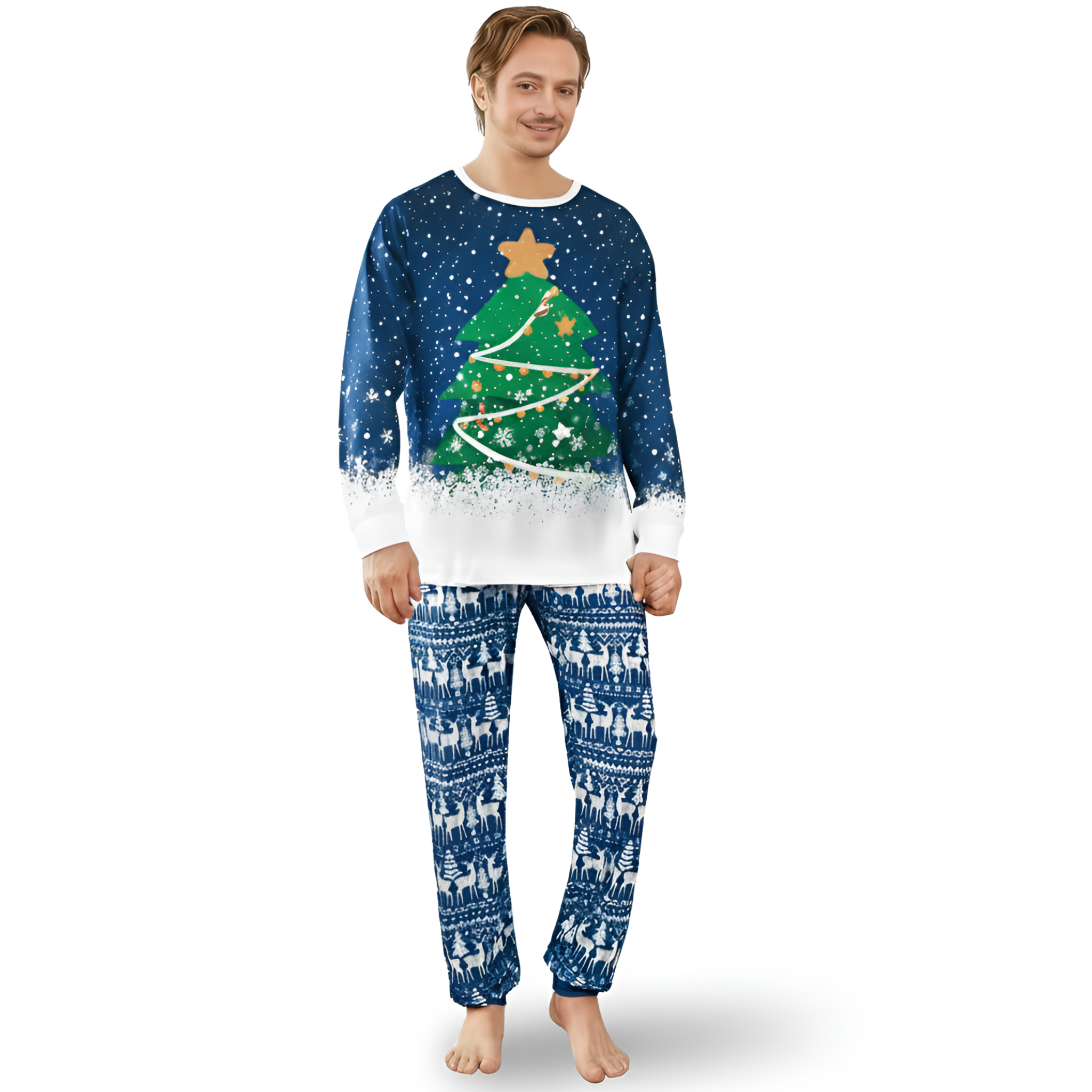 Blue Snow Print and Green Christmas Tree Design Family Matching Pajama Sets
