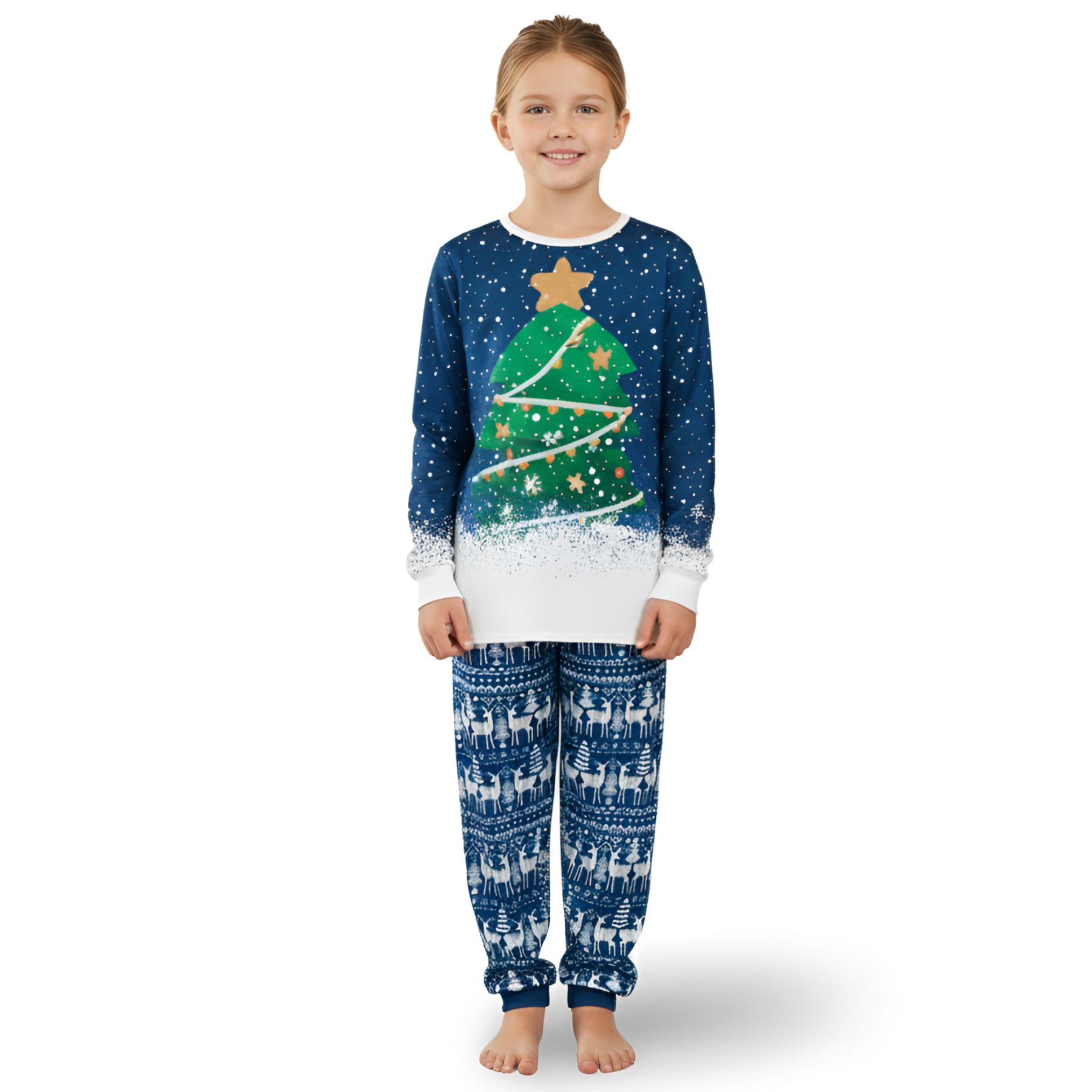 Blue Snow Print and Green Christmas Tree Design Family Matching Pajama Sets