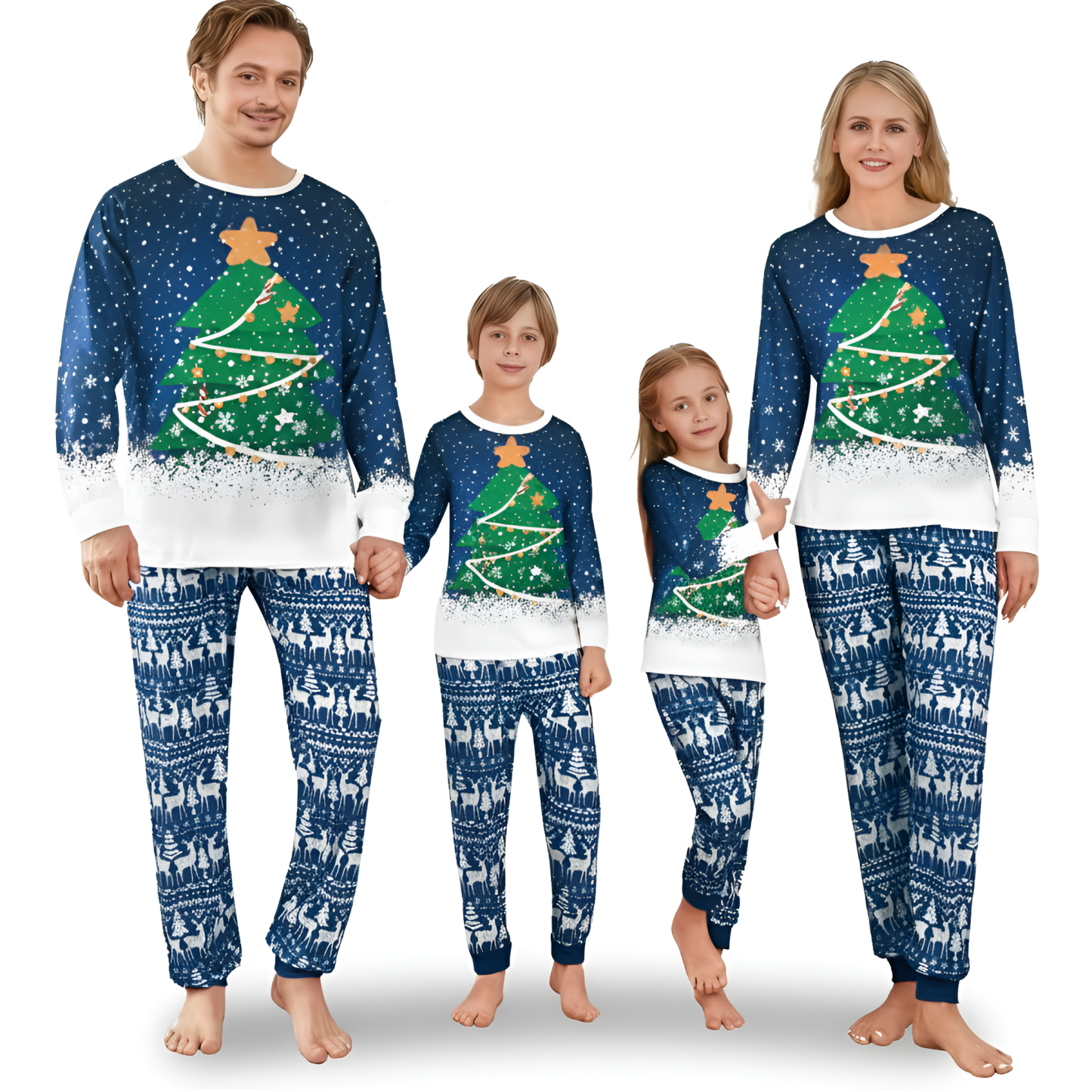 Blue Snow Print and Green Christmas Tree Design Family Matching Pajama Sets