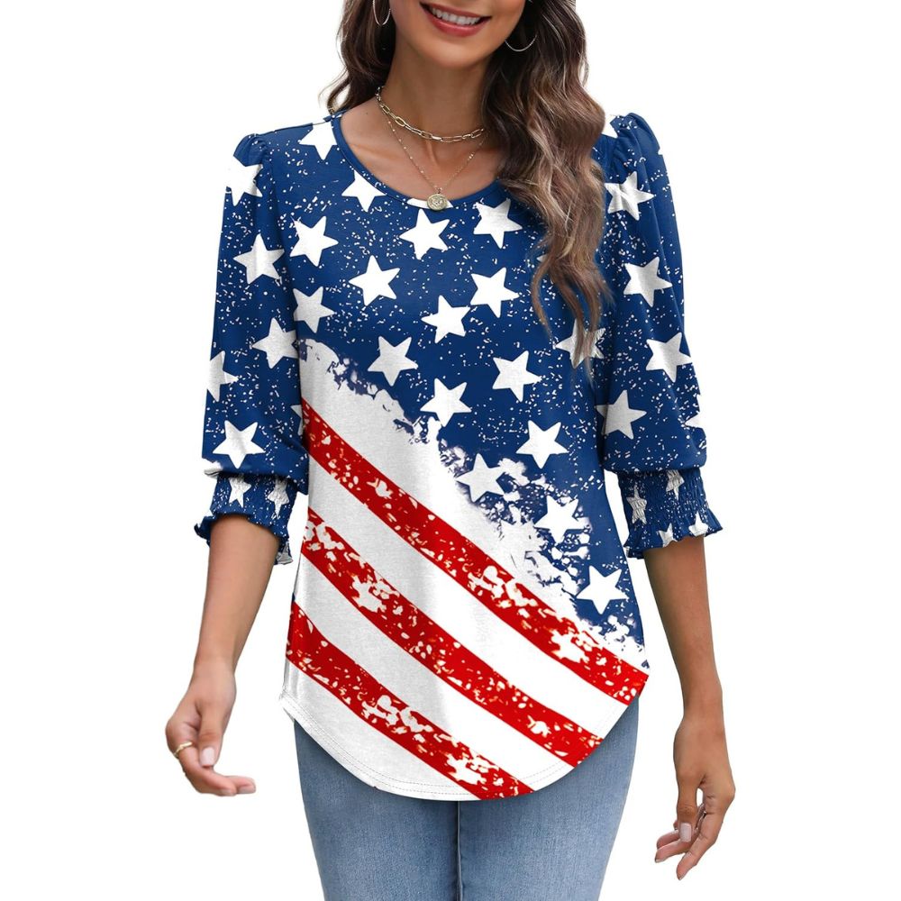 Dressy Casual 3/4 Length Sleeve Women's Tops with Smocked Cuffs