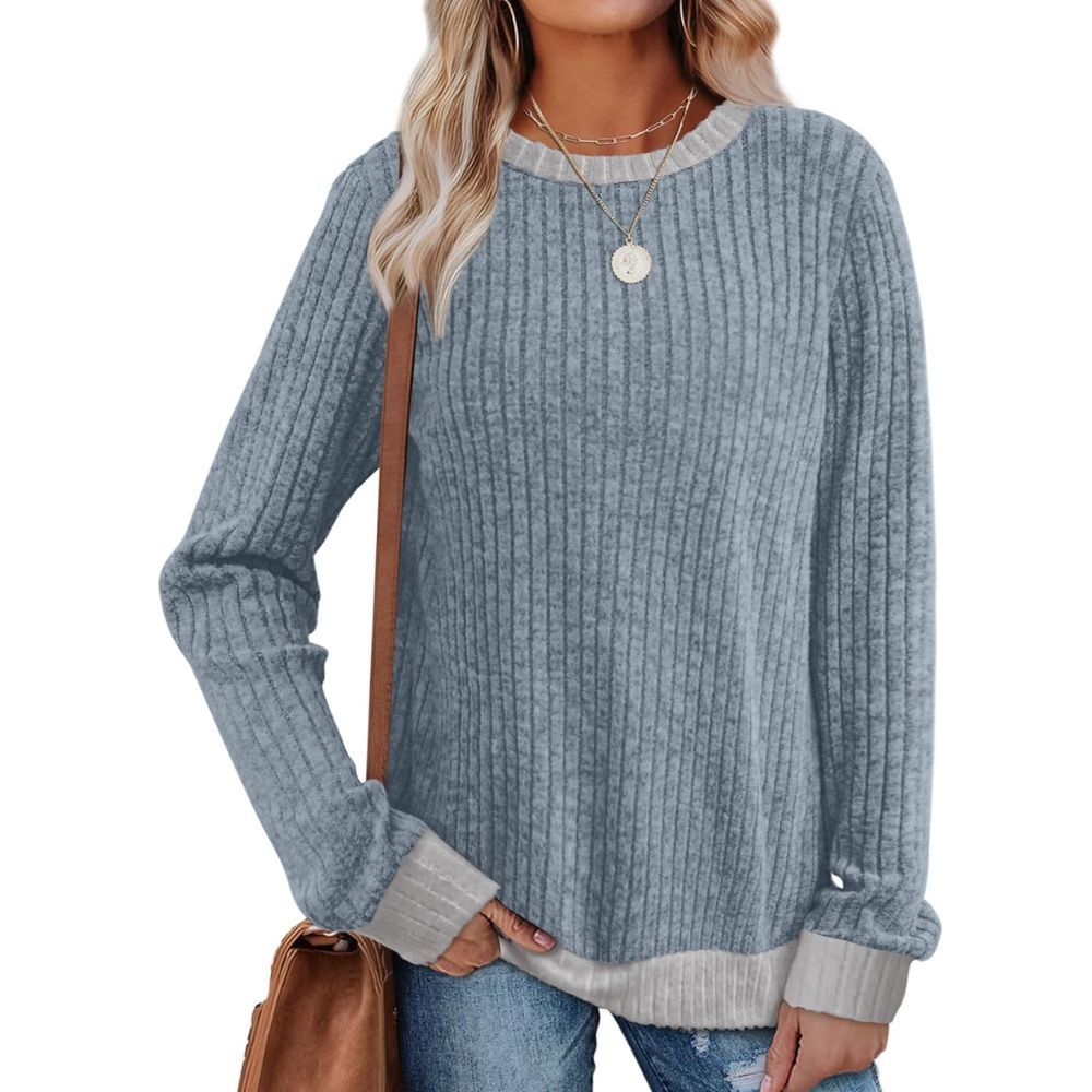 Tops Long Sleeve Shirts Lightweight Sweaters Loose Fit Crewneck Color Block