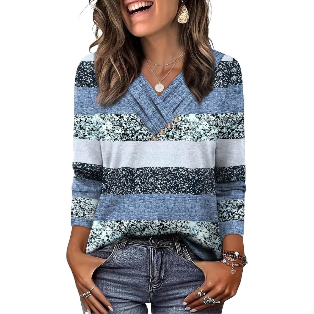 Long Sleeve Shirts for Women Fall Outfits V Neck T Shirts Button Down Tunic Tops