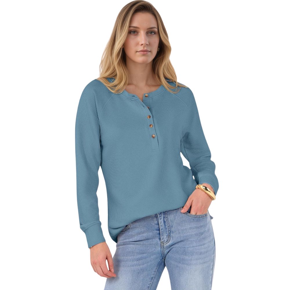 Women's Long Sleeve Waffle Knit Shirts Dressy Casual Loose Button Up V Neck