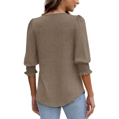 Dressy Casual 3/4 Length Sleeve Women's Tops with Smocked Cuffs