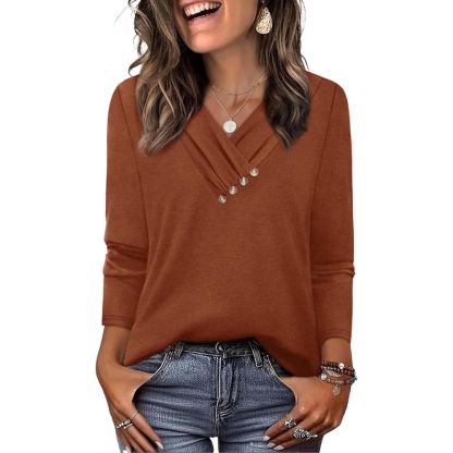 Long Sleeve Shirts for Women Fall Outfits V Neck T Shirts Button Down Tunic Tops