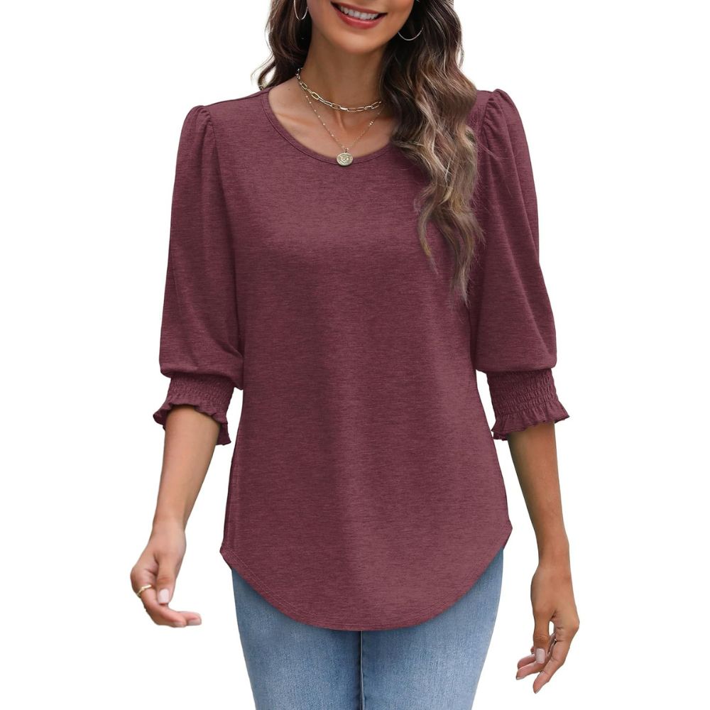 Dressy Casual 3/4 Length Sleeve Women's Tops with Smocked Cuffs