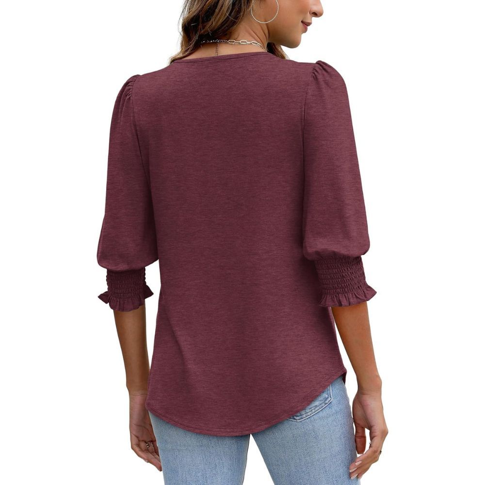 Dressy Casual 3/4 Length Sleeve Women's Tops with Smocked Cuffs