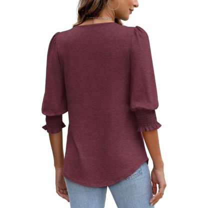 Dressy Casual 3/4 Length Sleeve Women's Tops with Smocked Cuffs