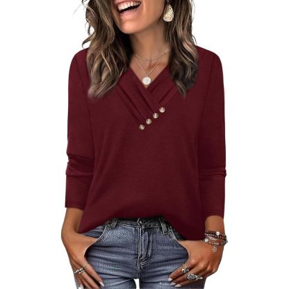 Long Sleeve Shirts for Women Fall Outfits V Neck T Shirts Button Down Tunic Tops