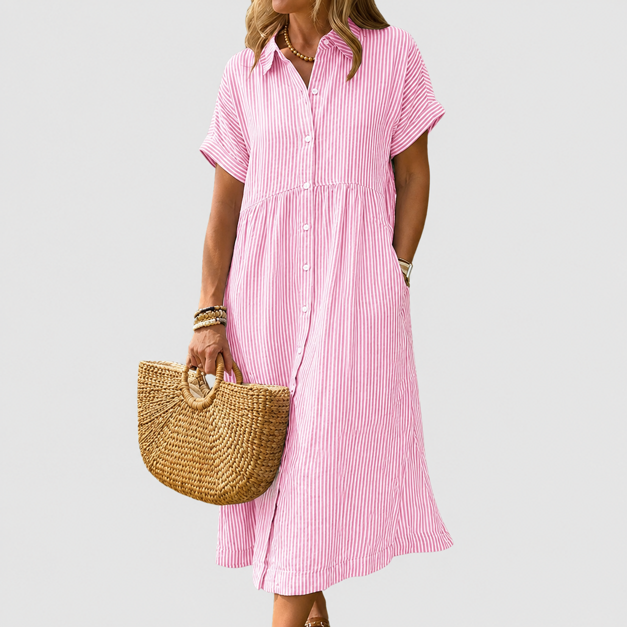 Casual Midi Short Sleeve Loose Striped Summer Dress For Women