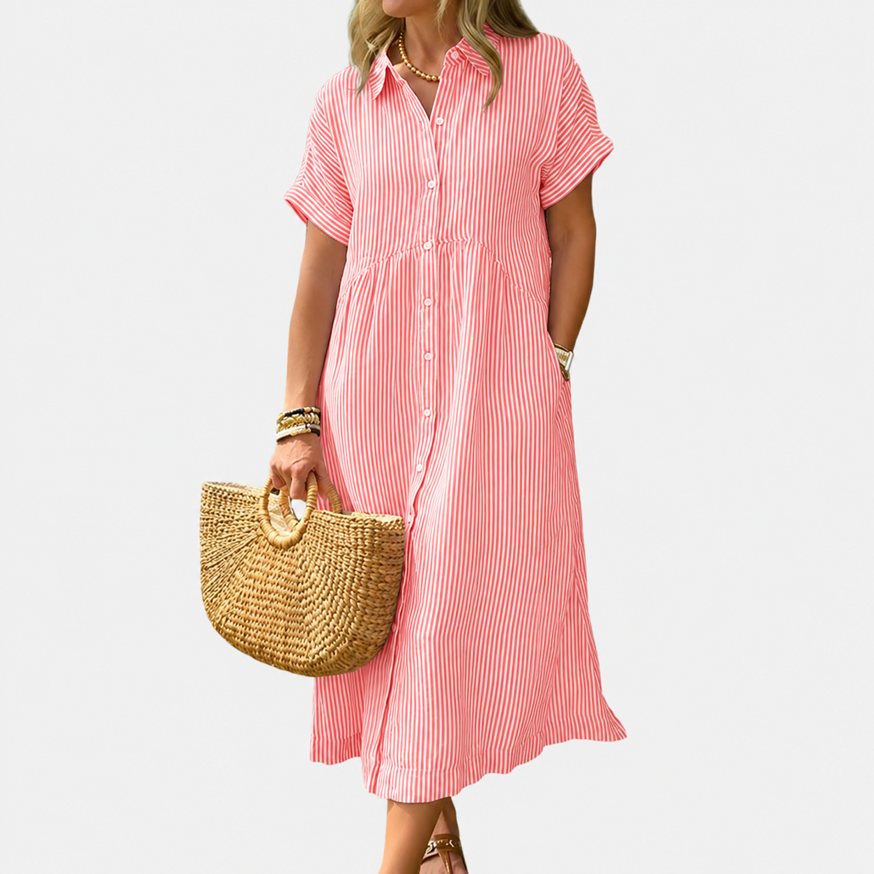 Casual Midi Short Sleeve Loose Striped Summer Dress For Women