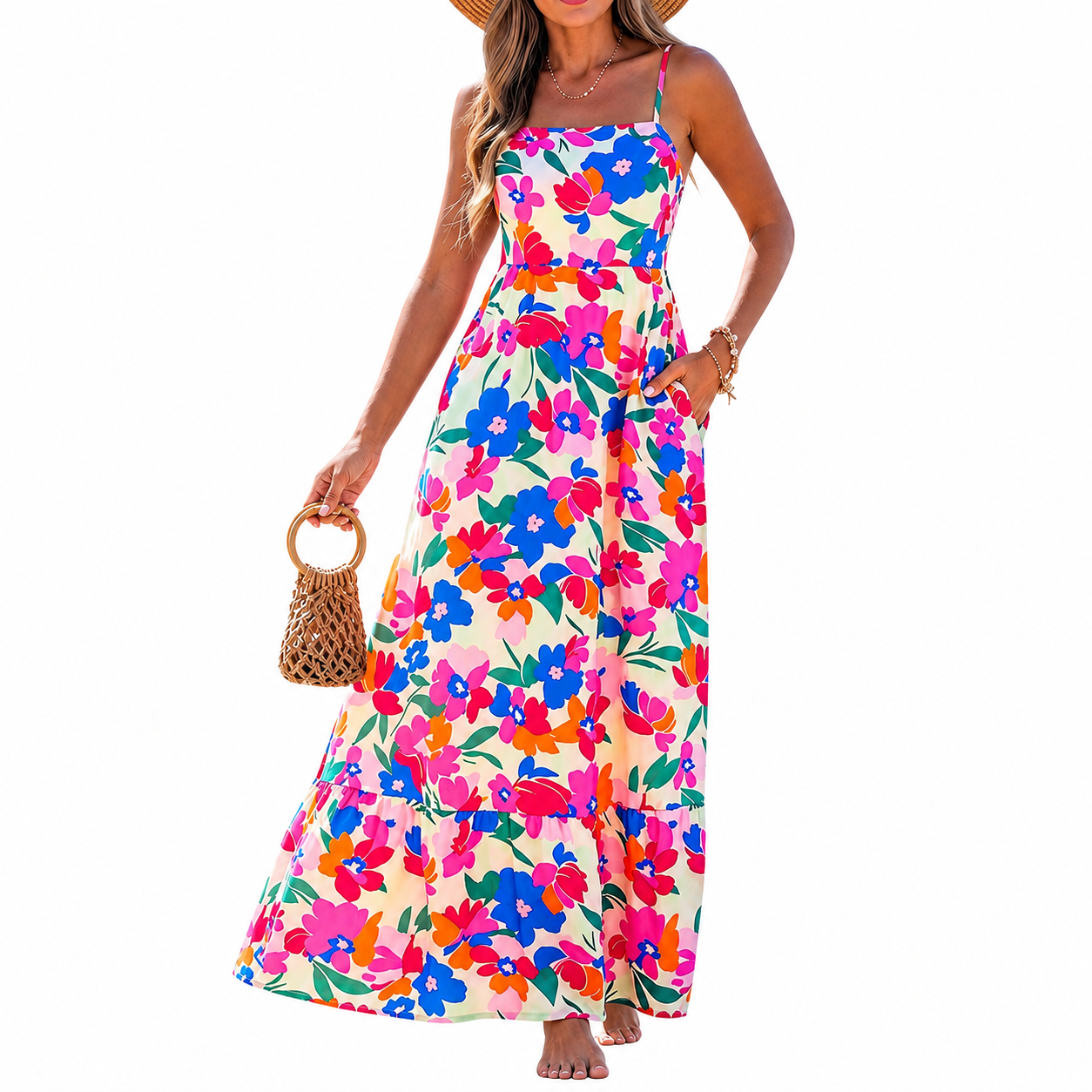 Casual Sleeveless Boho Beach Summer Maxi Dress With Spaghetti Strap For Women
