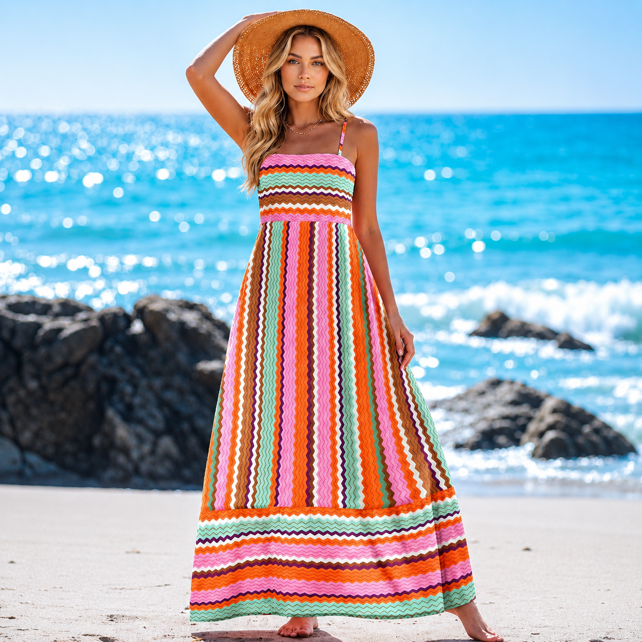 Casual Sleeveless Boho Beach Summer Maxi Dress With Spaghetti Strap For Women