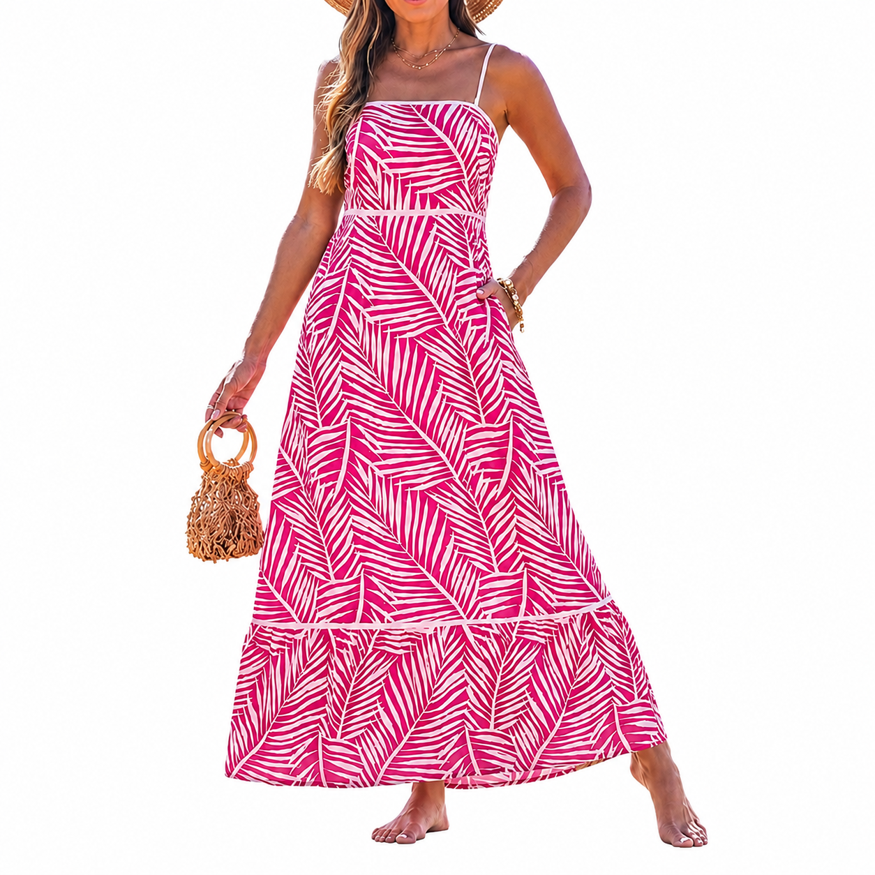 Casual Sleeveless Boho Beach Summer Maxi Dress With Spaghetti Strap For Women