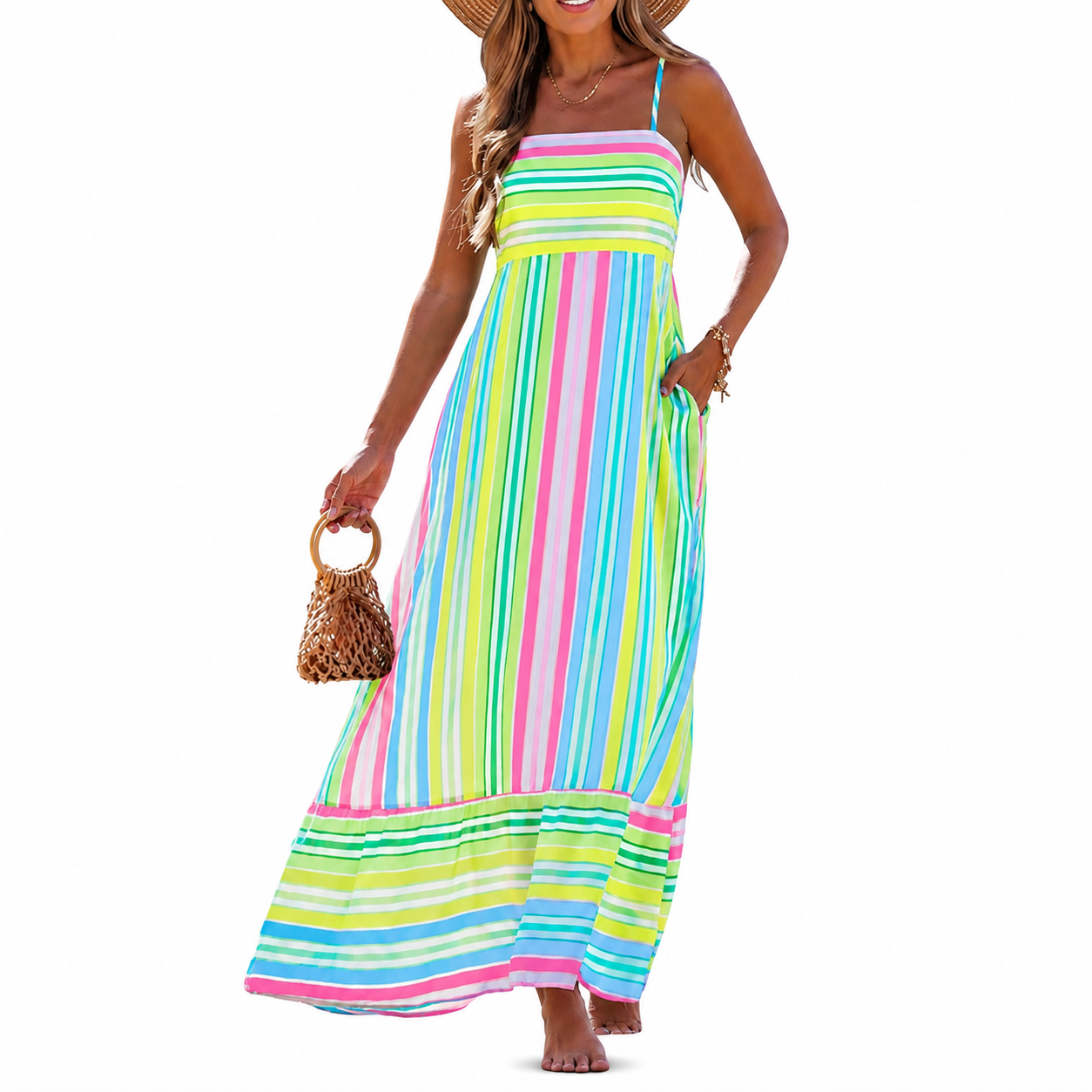 Casual Sleeveless Boho Beach Summer Maxi Dress With Spaghetti Strap For Women