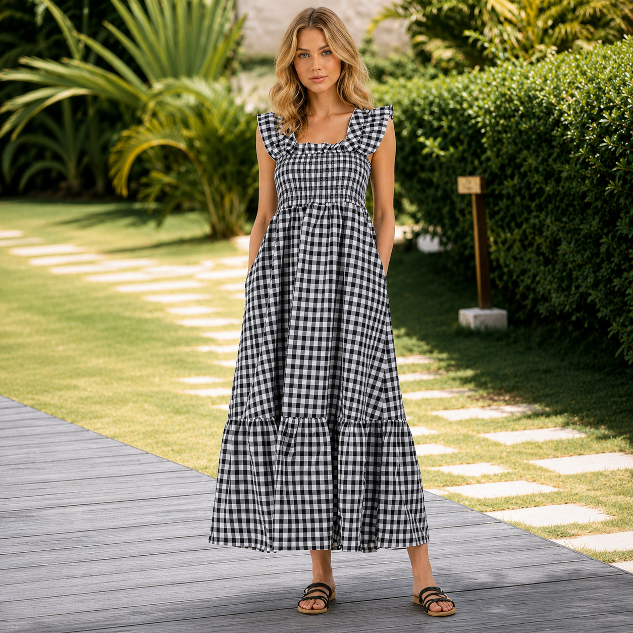 Plaid Smocked Sleeveless Maxi Dress With Spaghetti Straps For Women