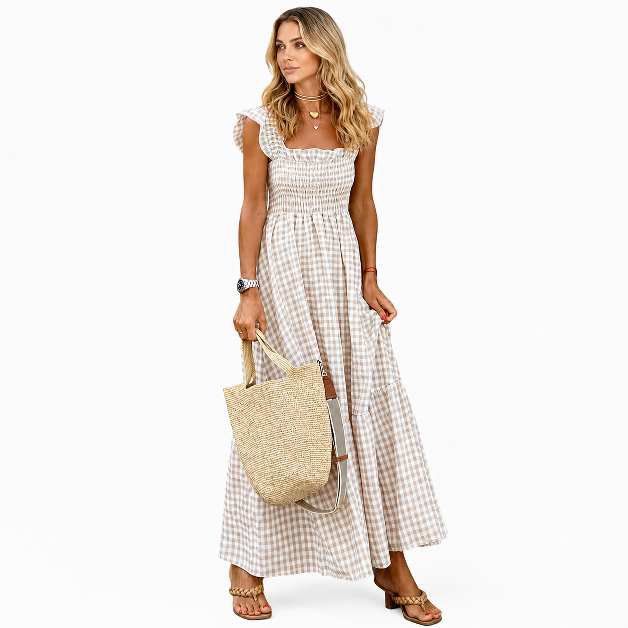 Plaid Smocked Sleeveless Maxi Dress With Spaghetti Straps For Women