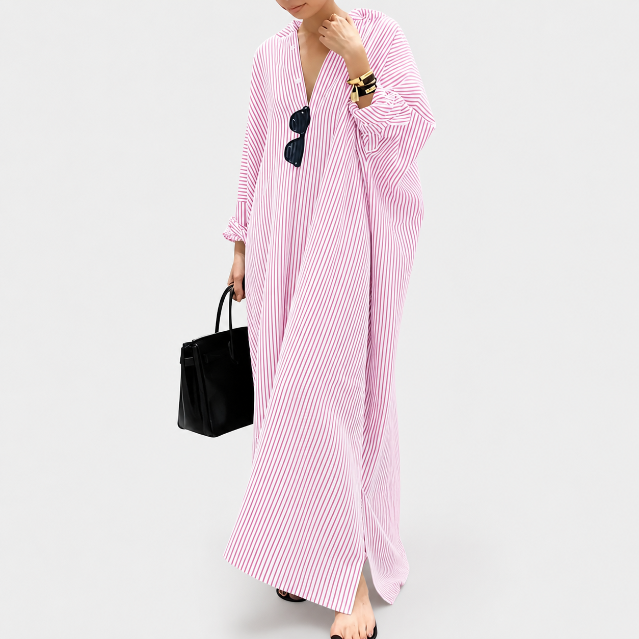 Casual Striped Long Sleeve Button Down Maxi Dress