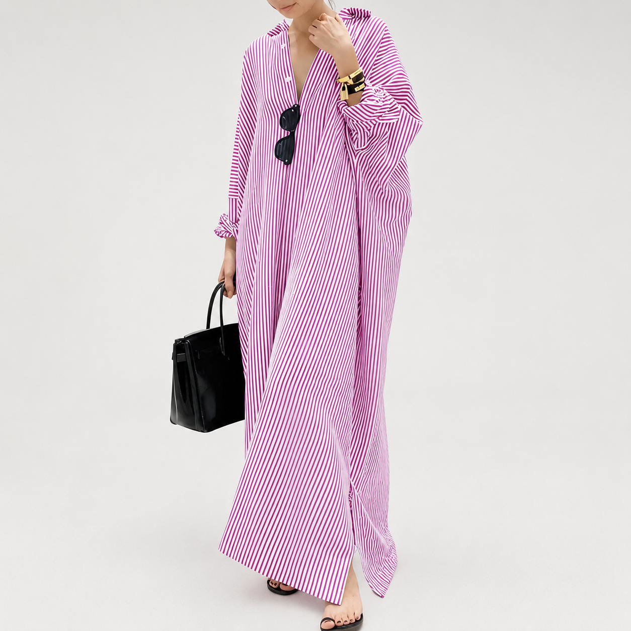 Casual Striped Long Sleeve Button Down Maxi Dress