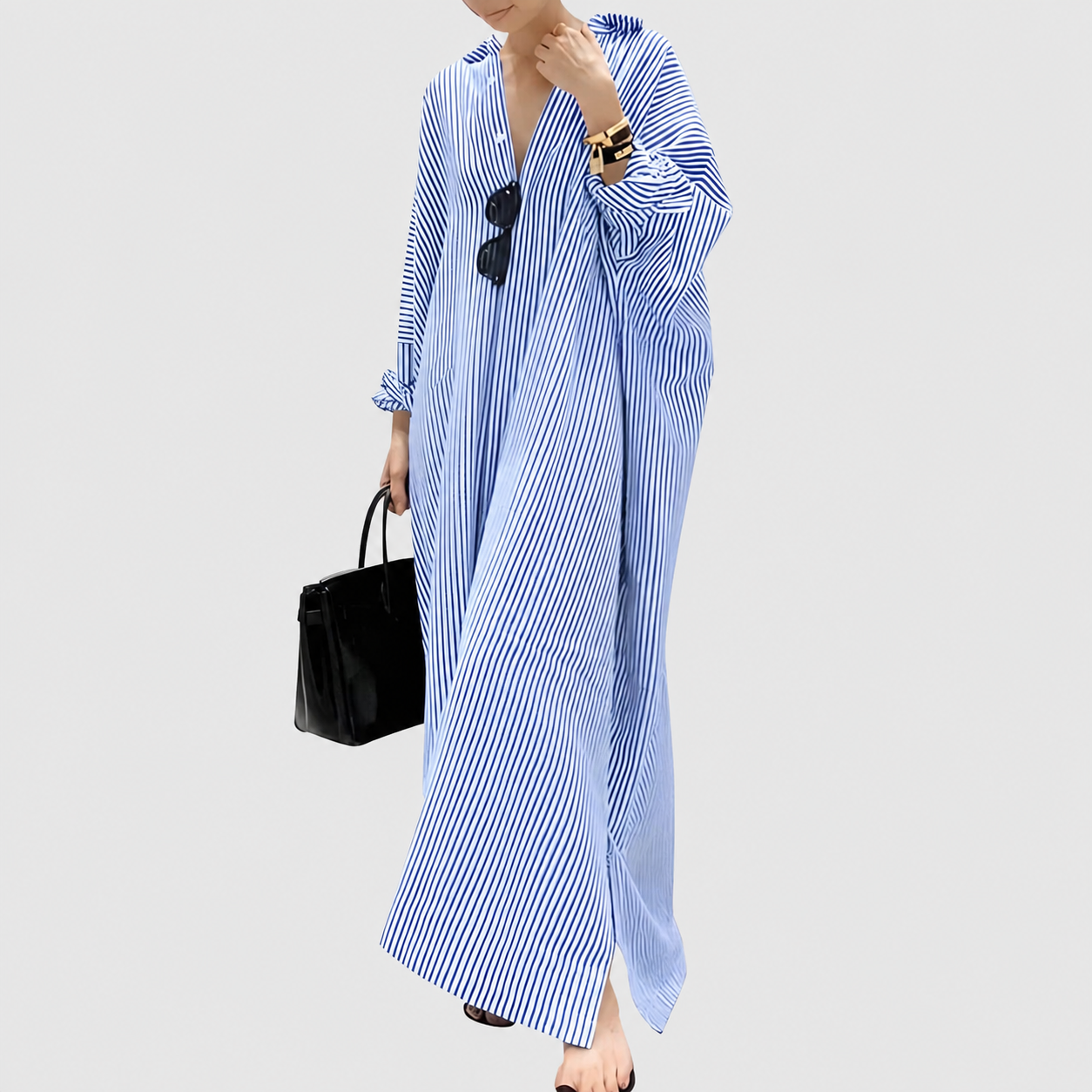 Casual Striped Long Sleeve Button Down Maxi Dress