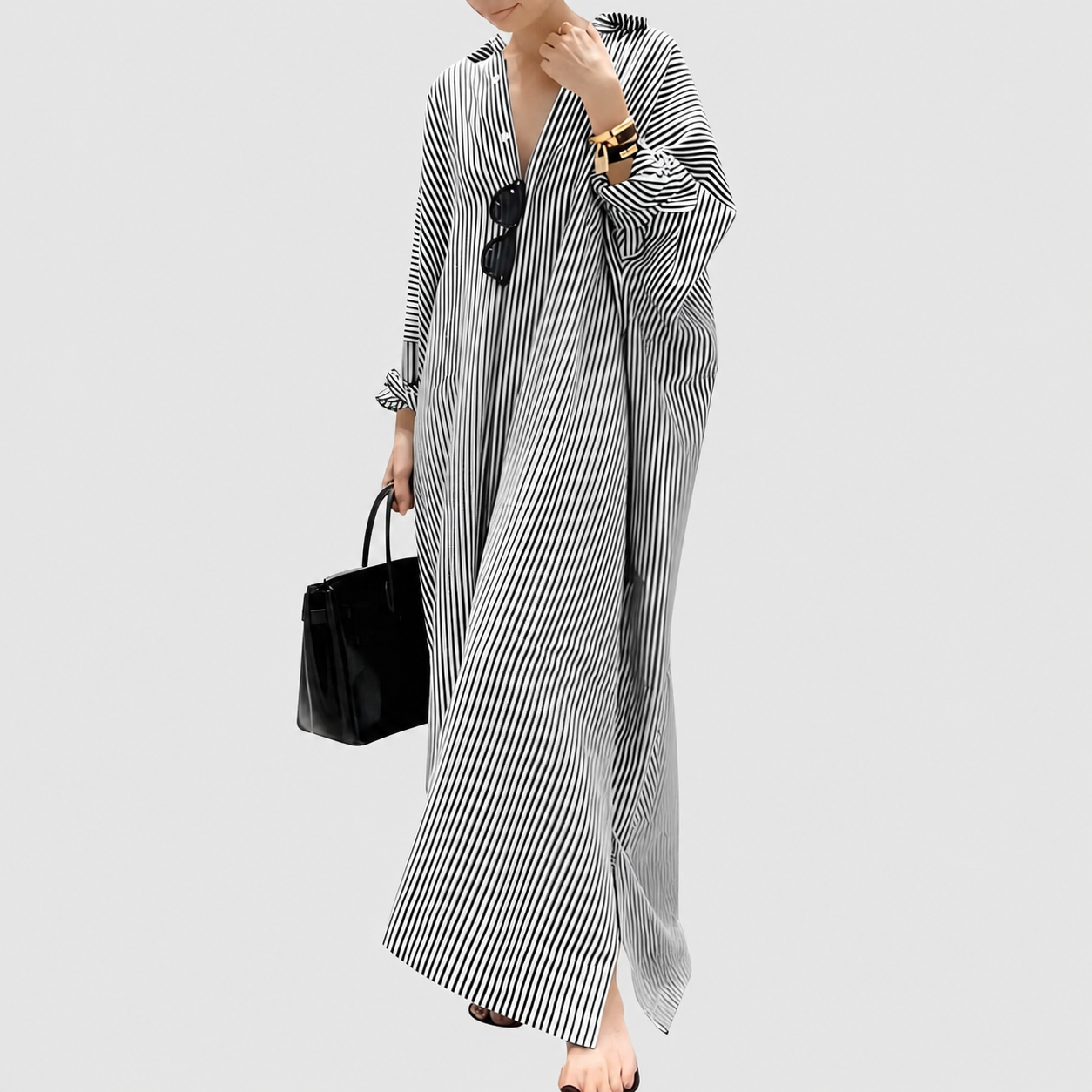 Casual Striped Long Sleeve Button Down Maxi Dress