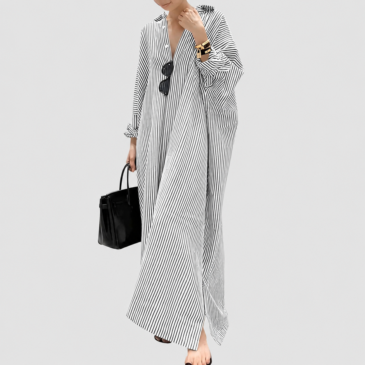 Casual Striped Long Sleeve Button Down Maxi Dress