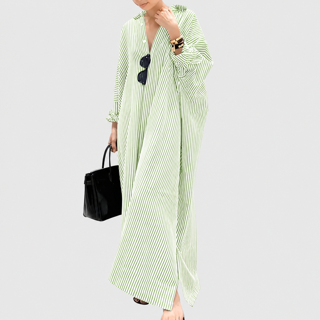 Casual Striped Long Sleeve Button Down Maxi Dress