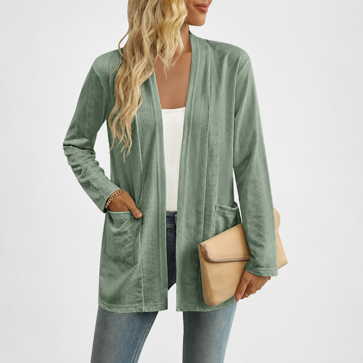 Casual Lightweight Open Front Long Sleeve Cardigan With Pockets For Women
