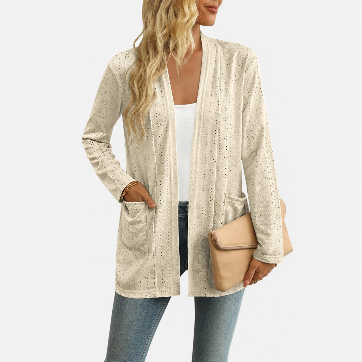 Casual Lightweight Open Front Long Sleeve Cardigan With Pockets For Women